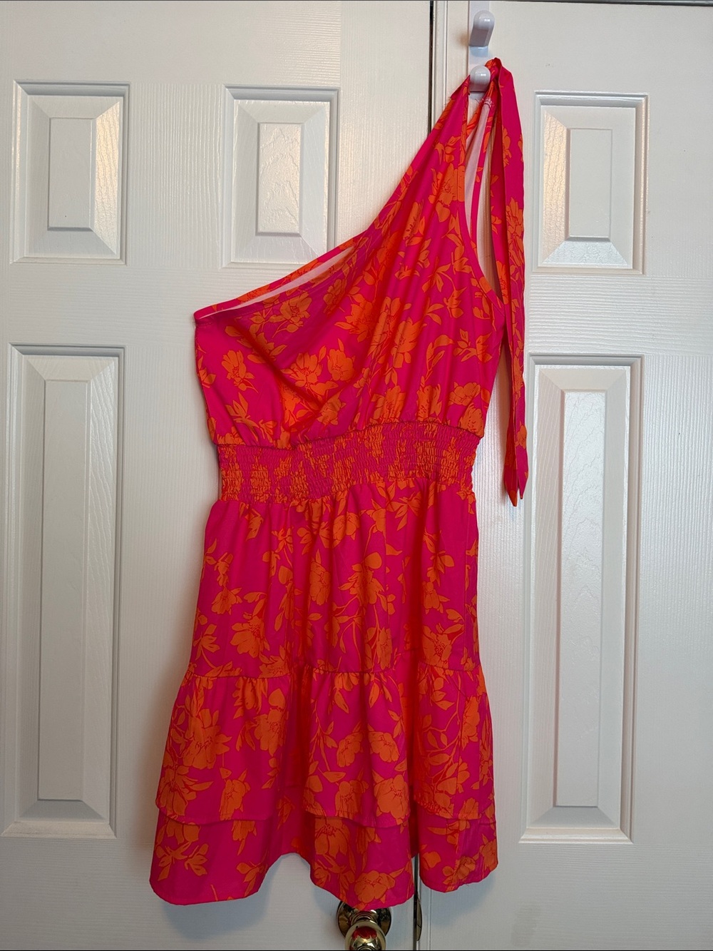 SHEIN One-Shoulder Floral Mini Dress in Hot Pink and Orange